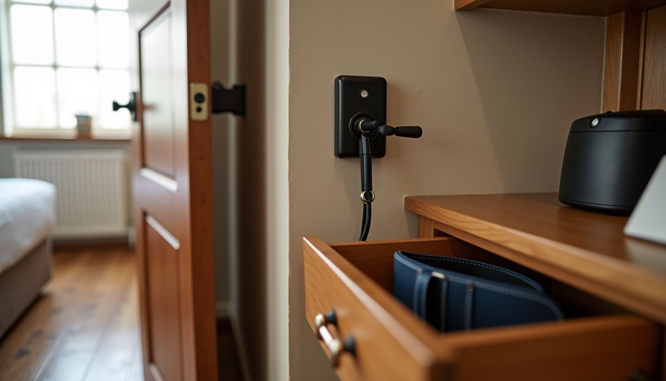 A hotel room with open door, safety chain, charger, and money belt.