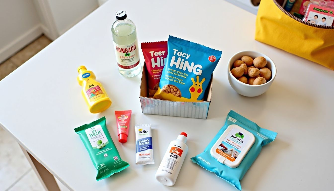 A neatly arranged travel health kit with snacks, water, and hygiene products.