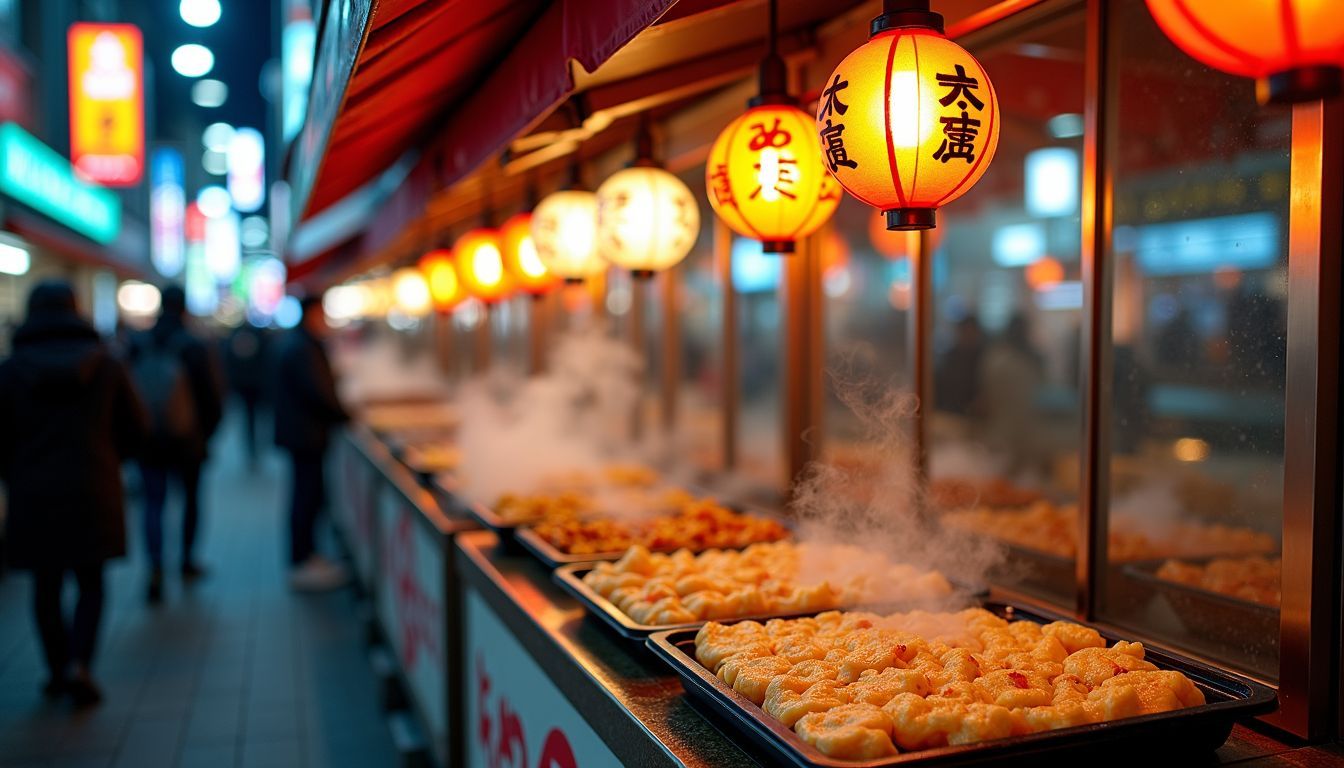 A lively street scene in Tokyo filled with various street food stalls.