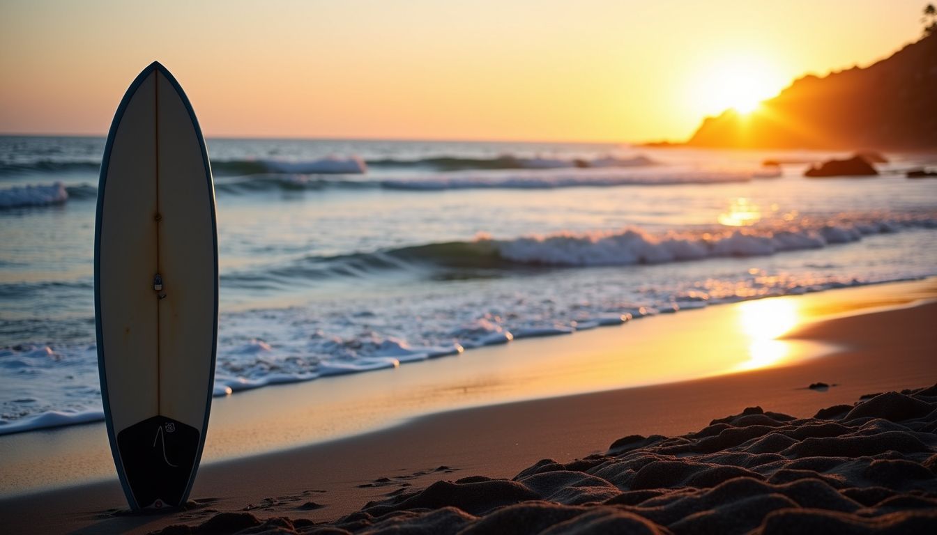 A surfboard stands on a black sand beach as the sun sets.