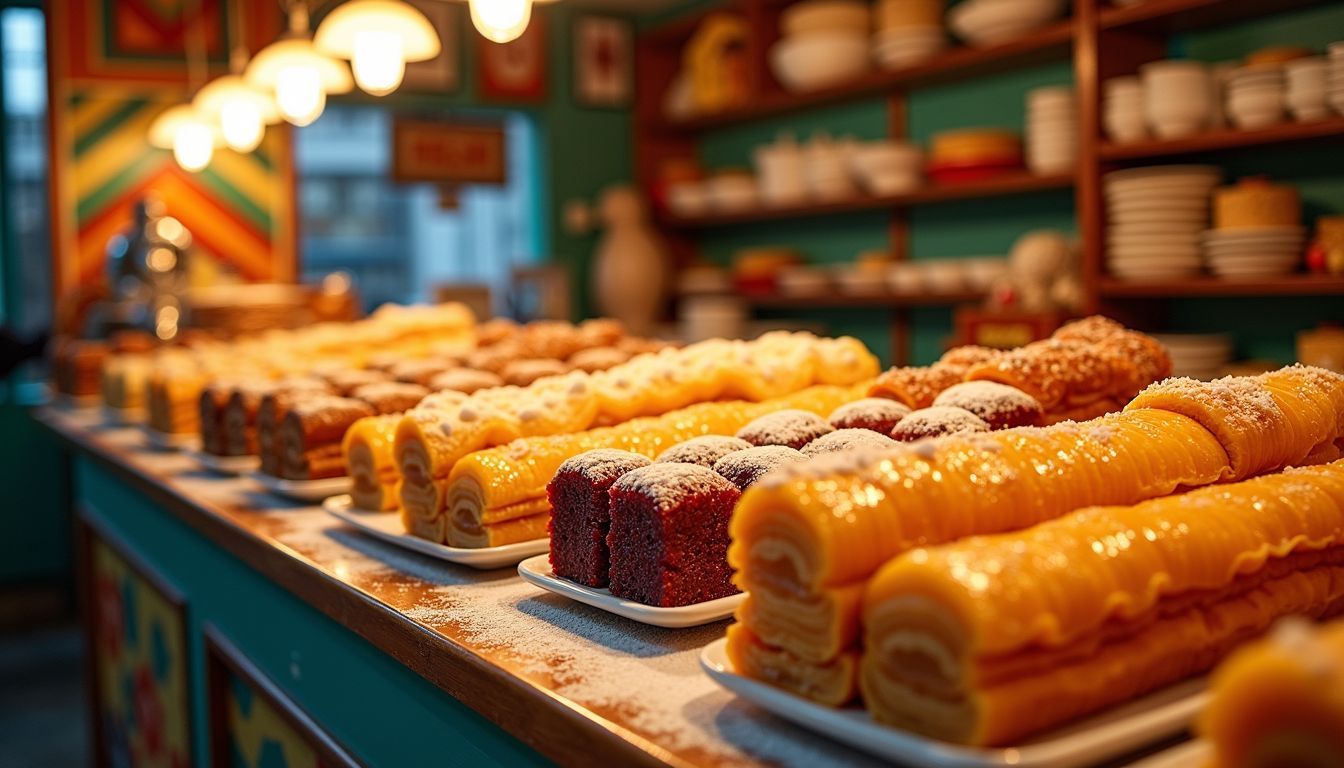 An assortment of Turkish desserts in a traditional Istanbul bakery.