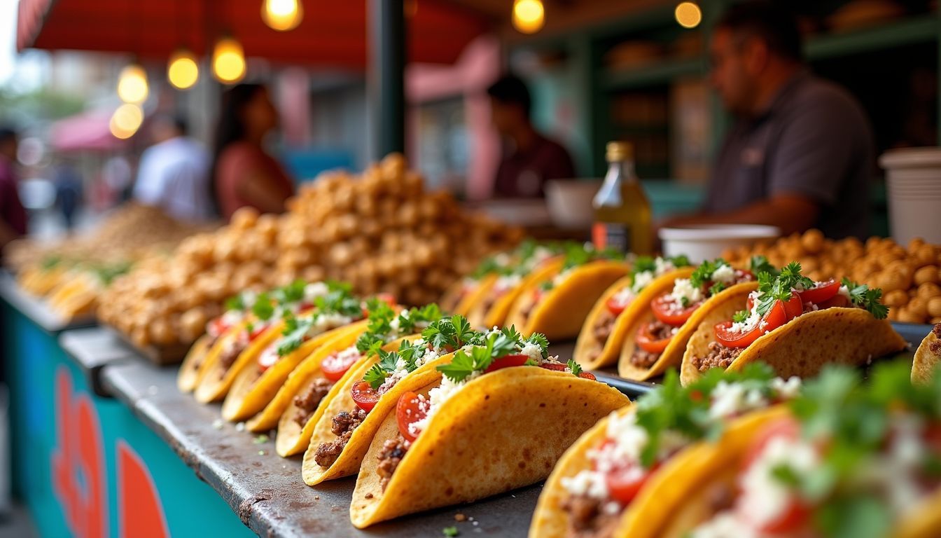 A street food stall at La Merced Market in Mexico City displaying a vibrant selection of tacos and tlacoyos.