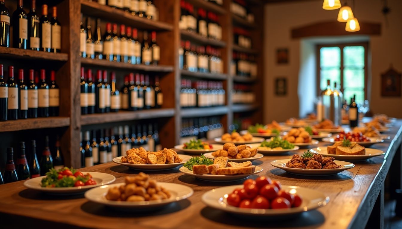 A rustic wine cellar with Spanish wine bottles and tapas plates.