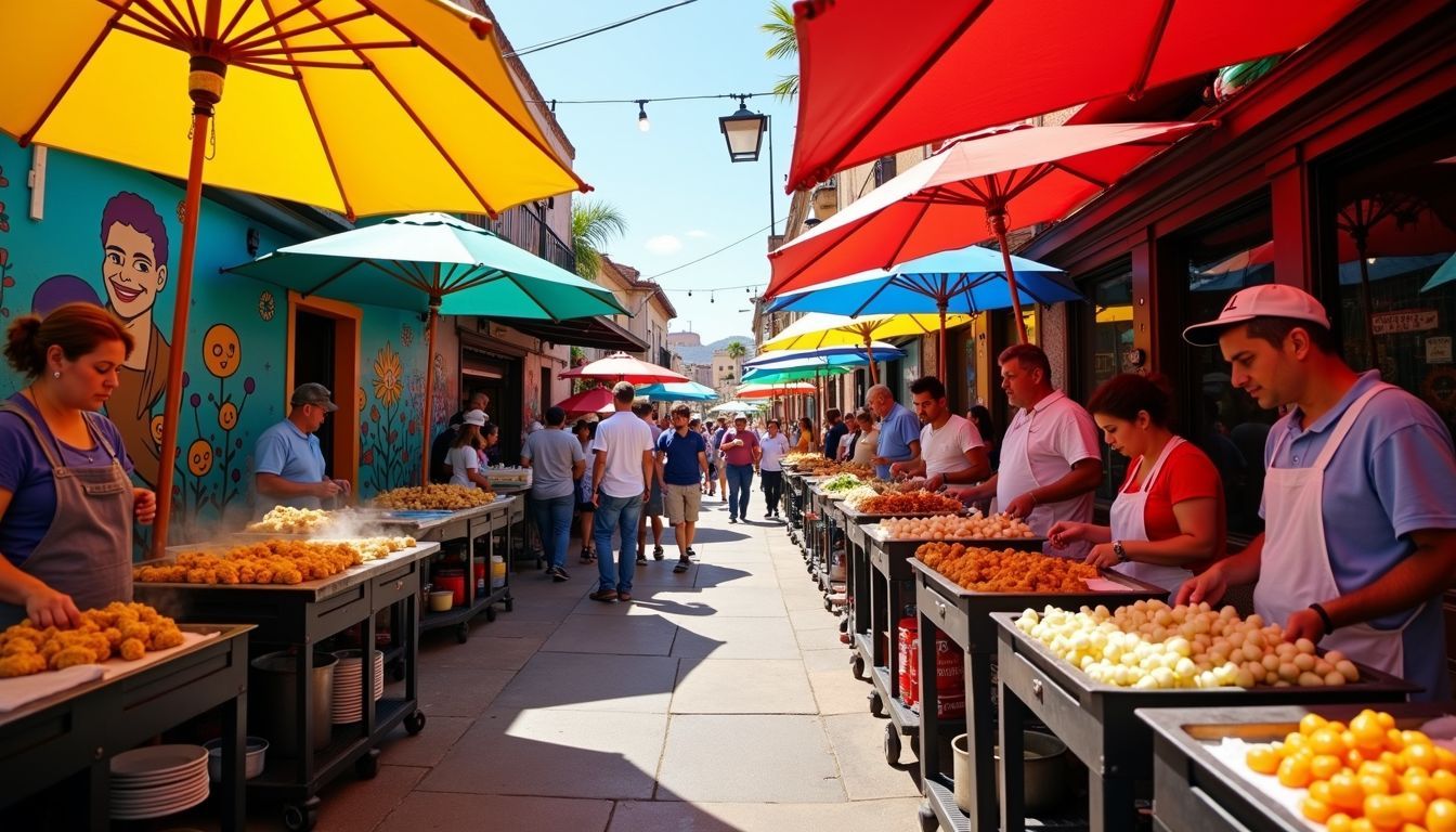 'This photo captures a bustling Mexican street food market with vibrant street art.'