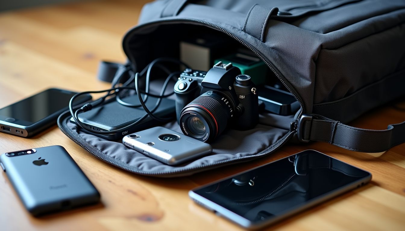 A cluttered travel bag with spilled contents and tech accessories.