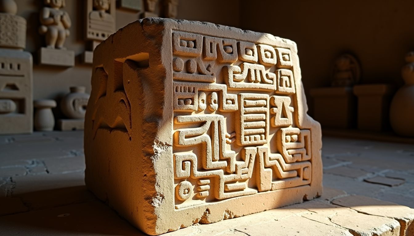 A detailed stone carving with Aztec symbols in Templo Mayor's museum.