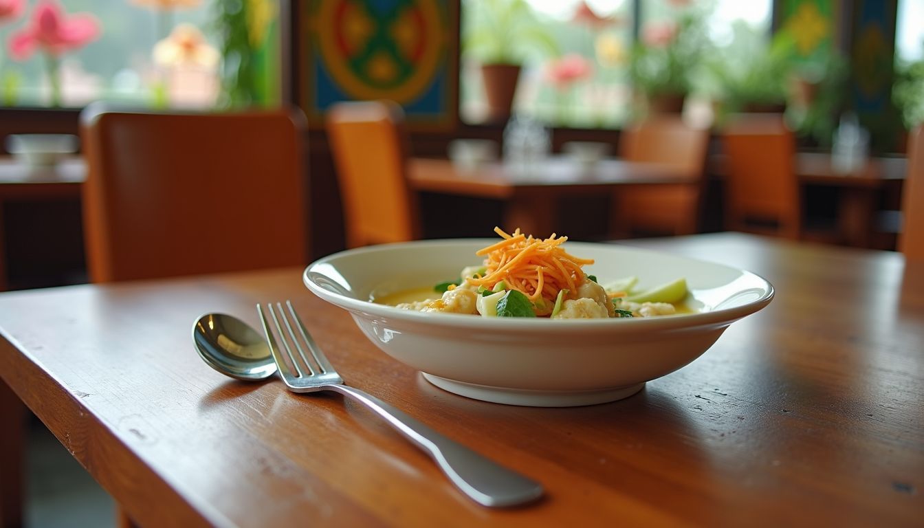 A table at a Thai restaurant set with a fork and spoon for traditional eating.