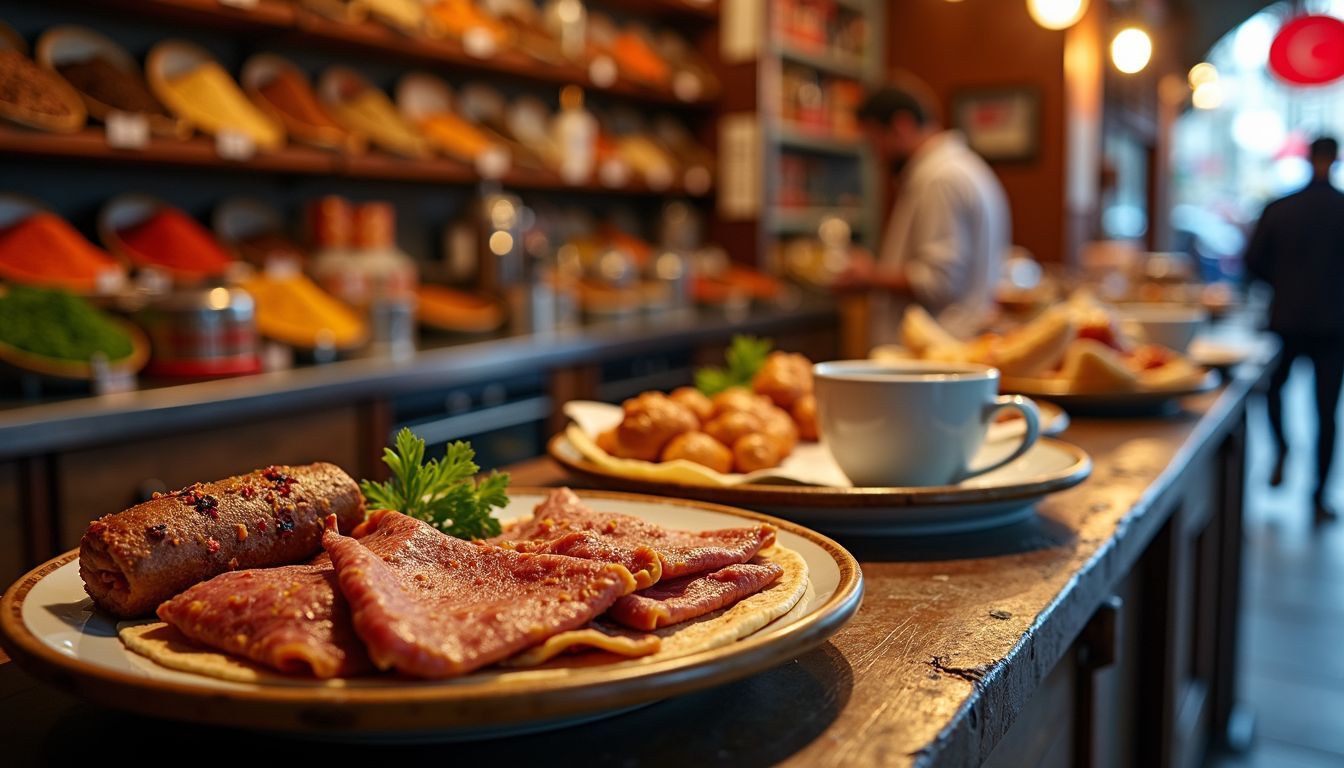 A rustic eatery in the Grand Bazaar offers spices, souvenirs, and fresh meat wraps.