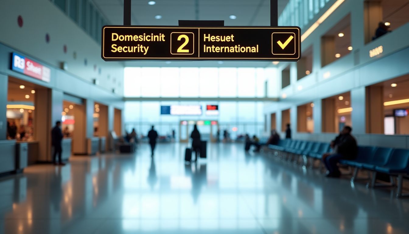 An empty airport terminal with signs, clock, and eateries visible.