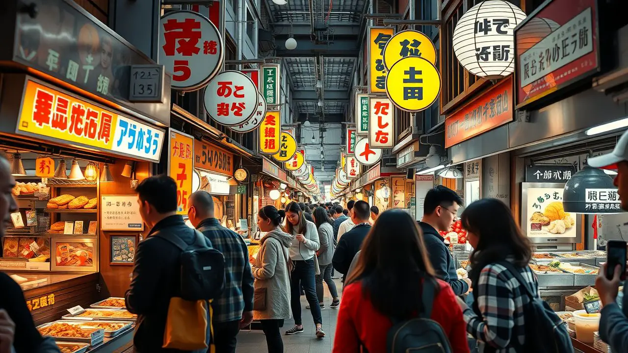 A bustling street market in Tokyo showcasing traditional Japanese dishes.