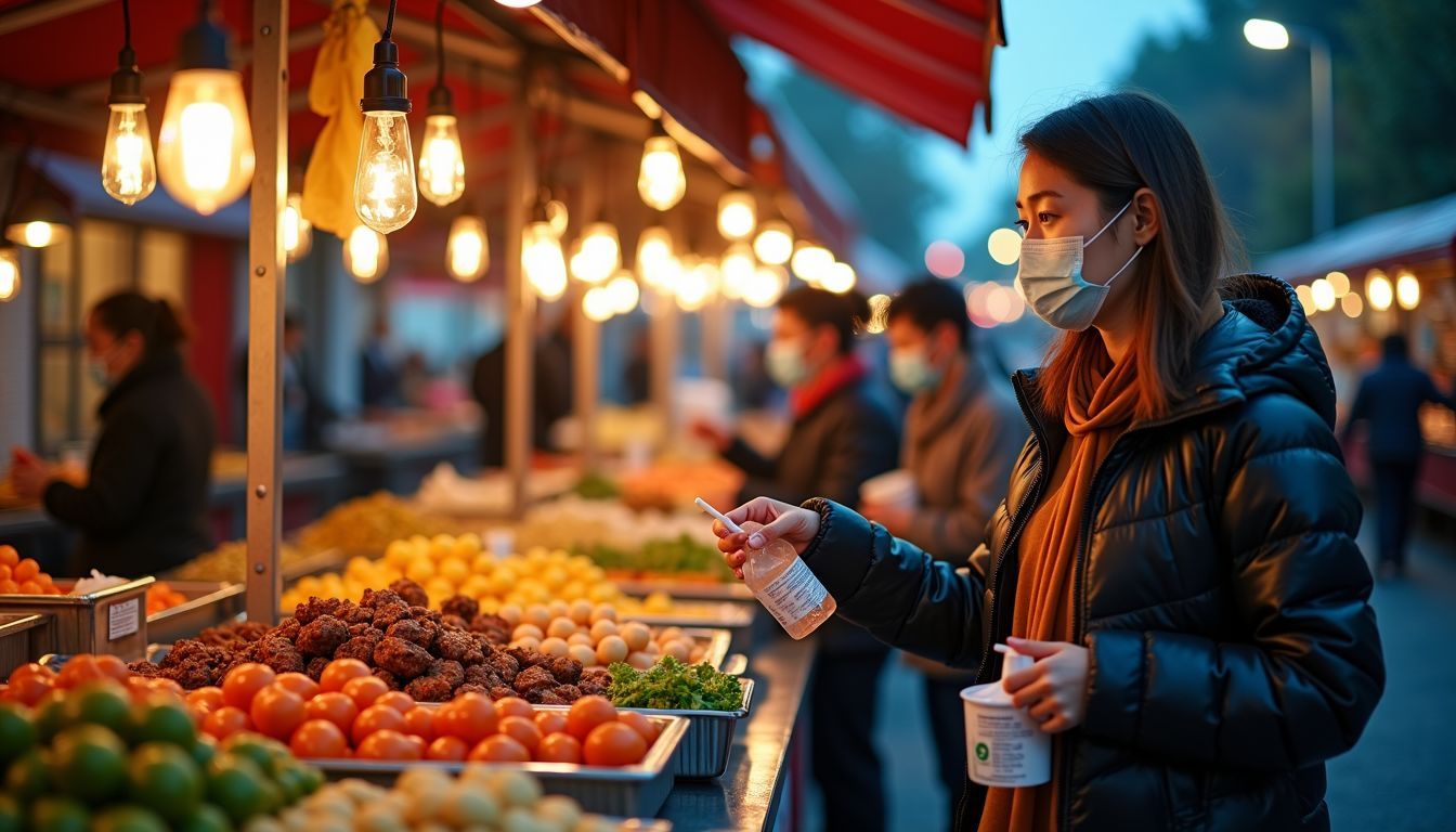 A bustling street food market with diverse food stalls and hygiene measures.