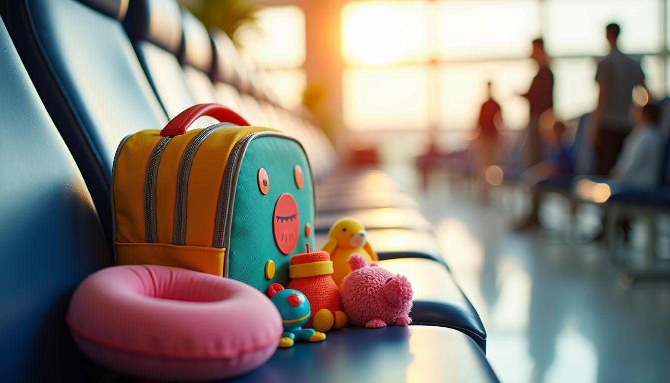 A child-friendly travel bag with toys and snacks on an airport bench.