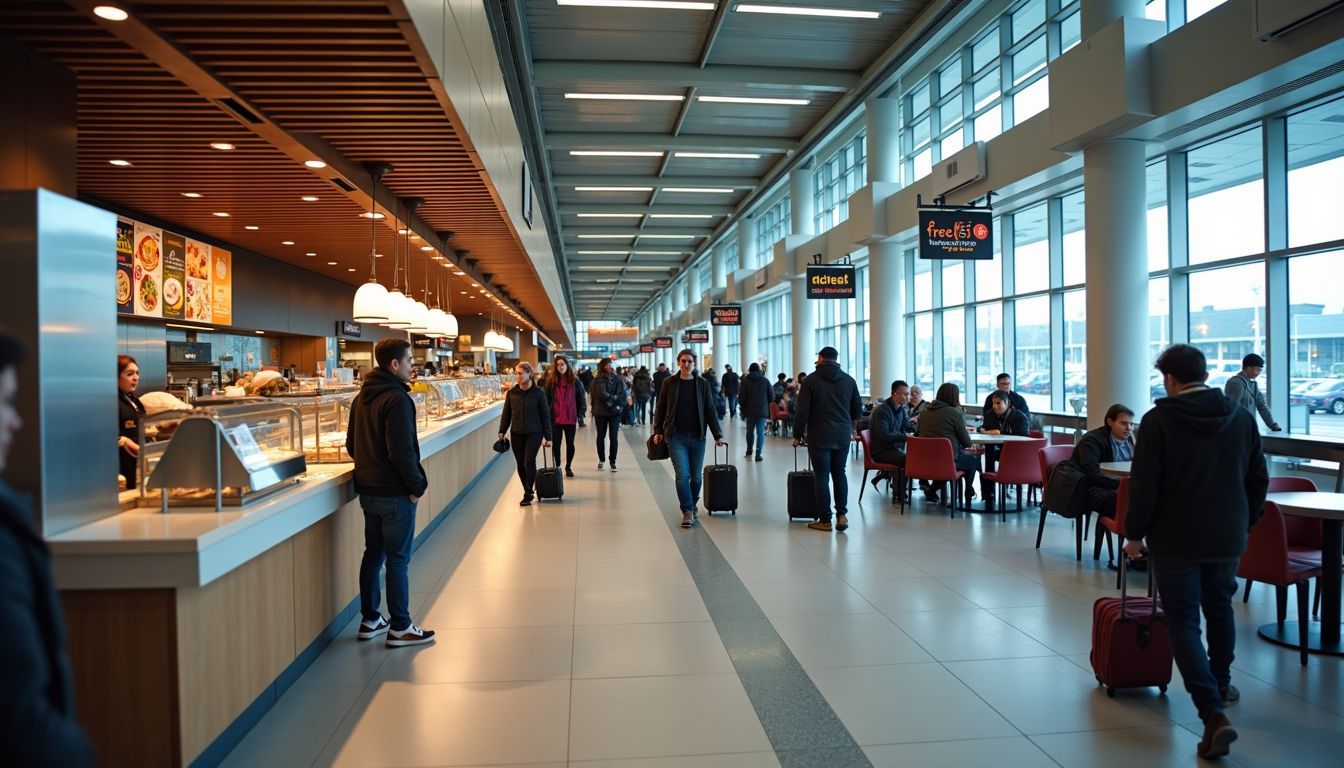 A well-organized airport food court offering a variety of cuisines.