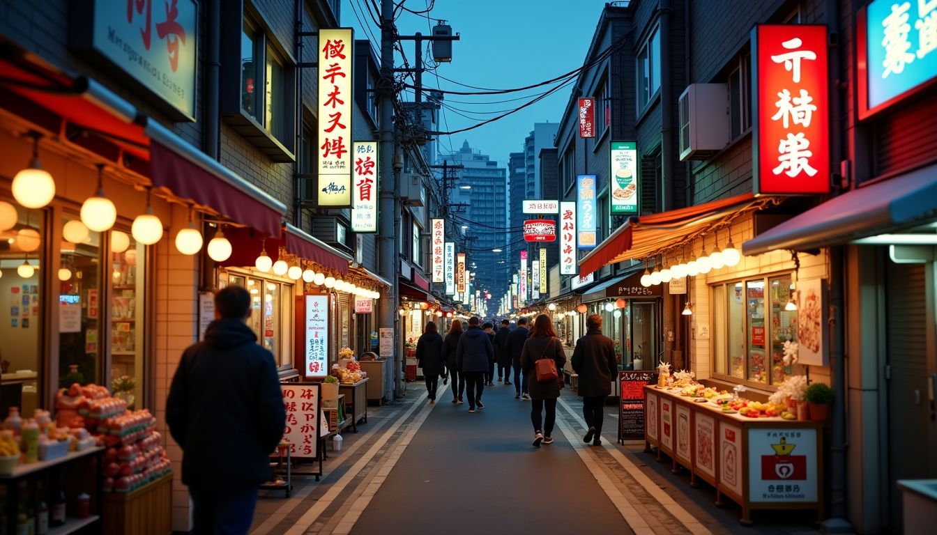 A bustling Tokyo street lined with small local eateries at evening.