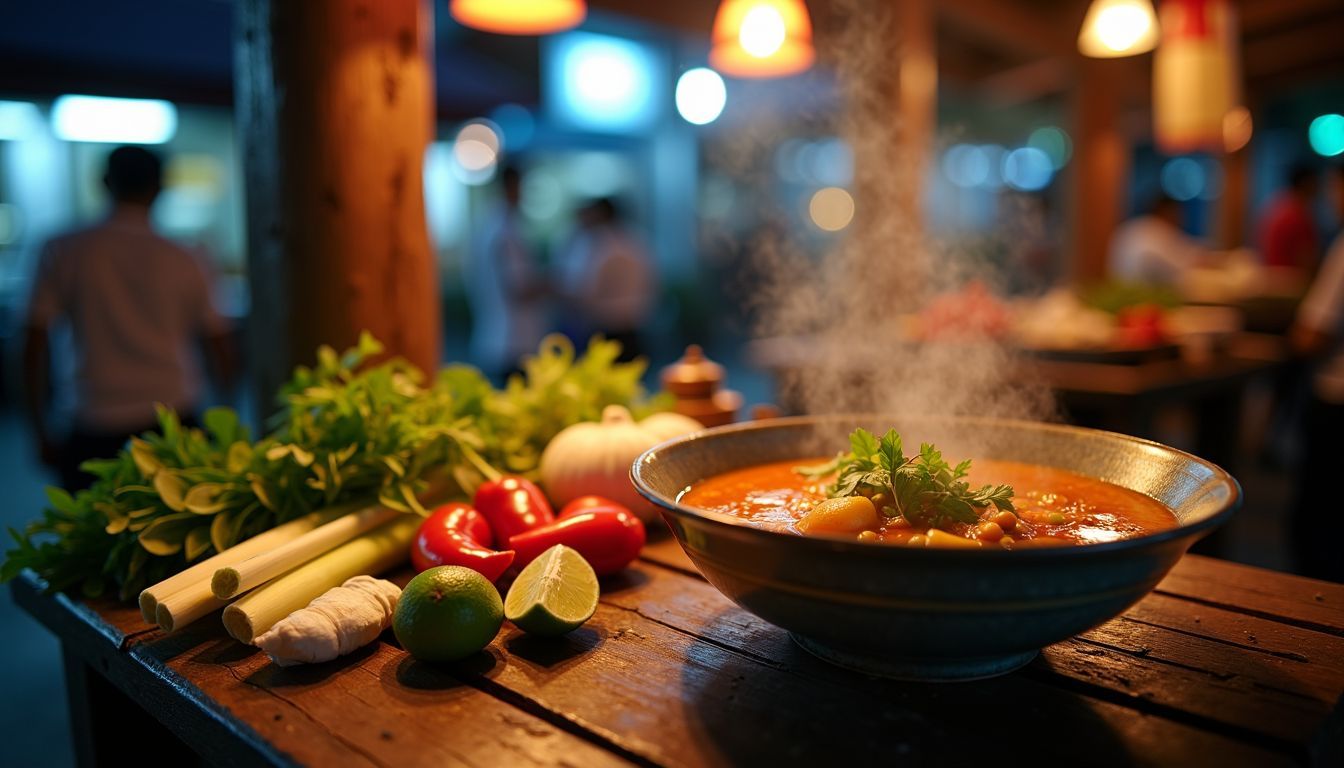 A wooden street food stall in Bangkok serving Tom Yum Goong.