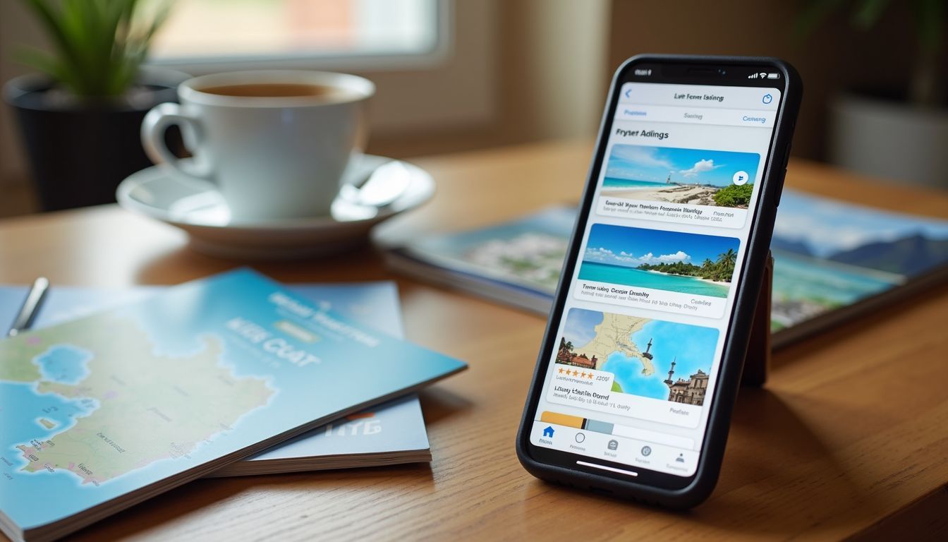 A smartphone displaying travel booking apps on a wooden table.