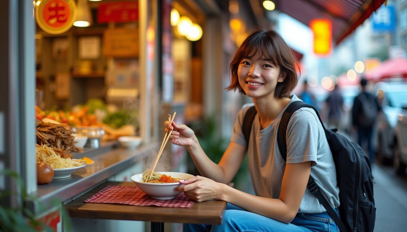 A traveler enjoying local ramen in a vibrant street food market.