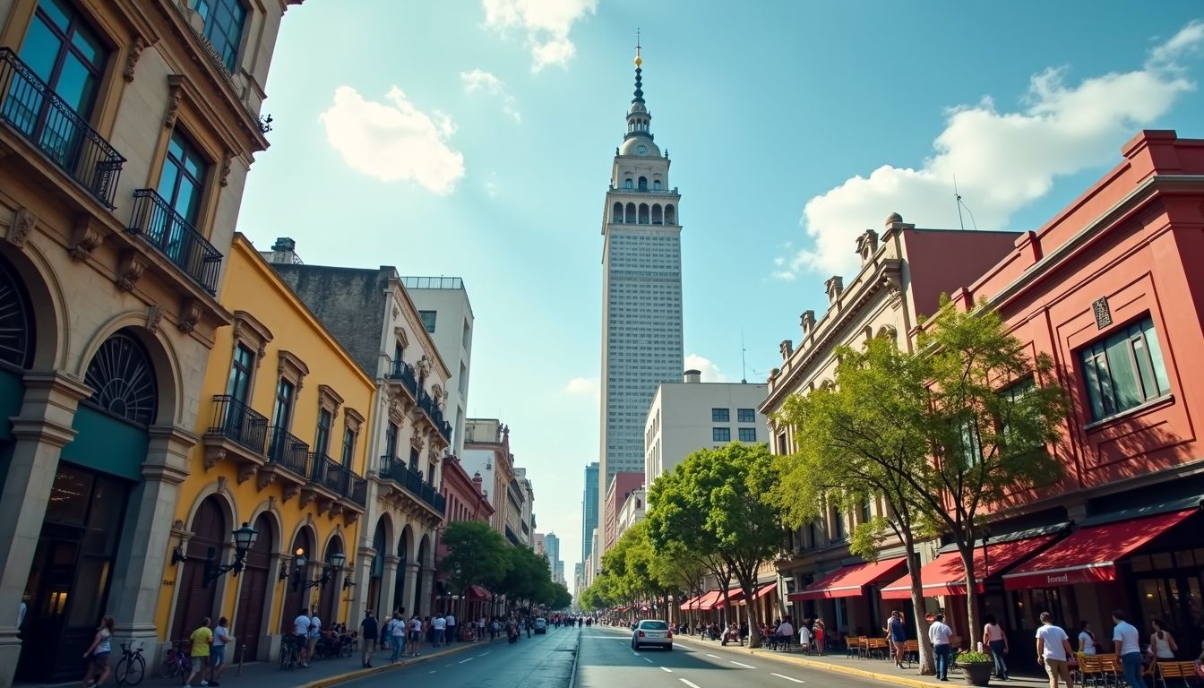 A photo capturing the Torre Latinoamericana in Mexico City's historic center.