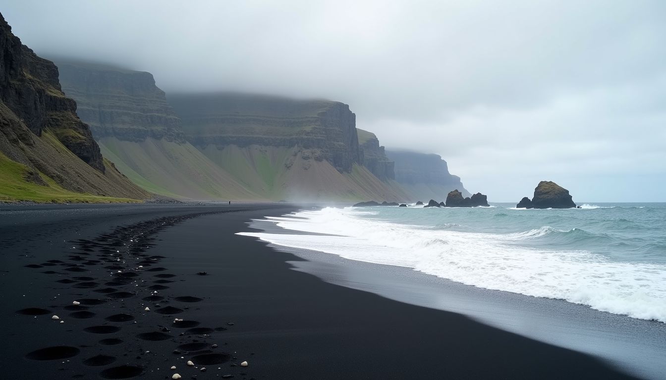 A remote black volcanic beach on the Snæfellsnes Peninsula with rugged cliffs and crashing waves under grey skies.