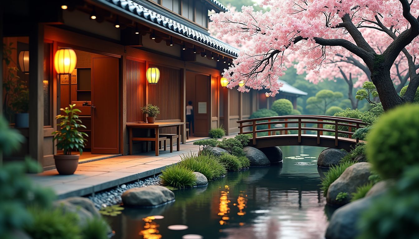 A traditional teahouse in a peaceful garden setting with a koi pond.