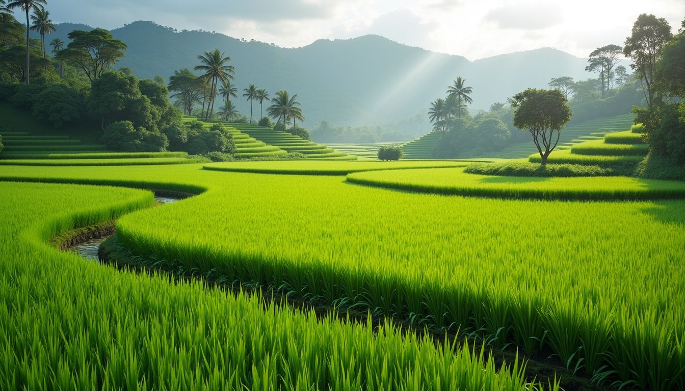 An idyllic landscape of lush green rice paddies in Munduk, Bali.