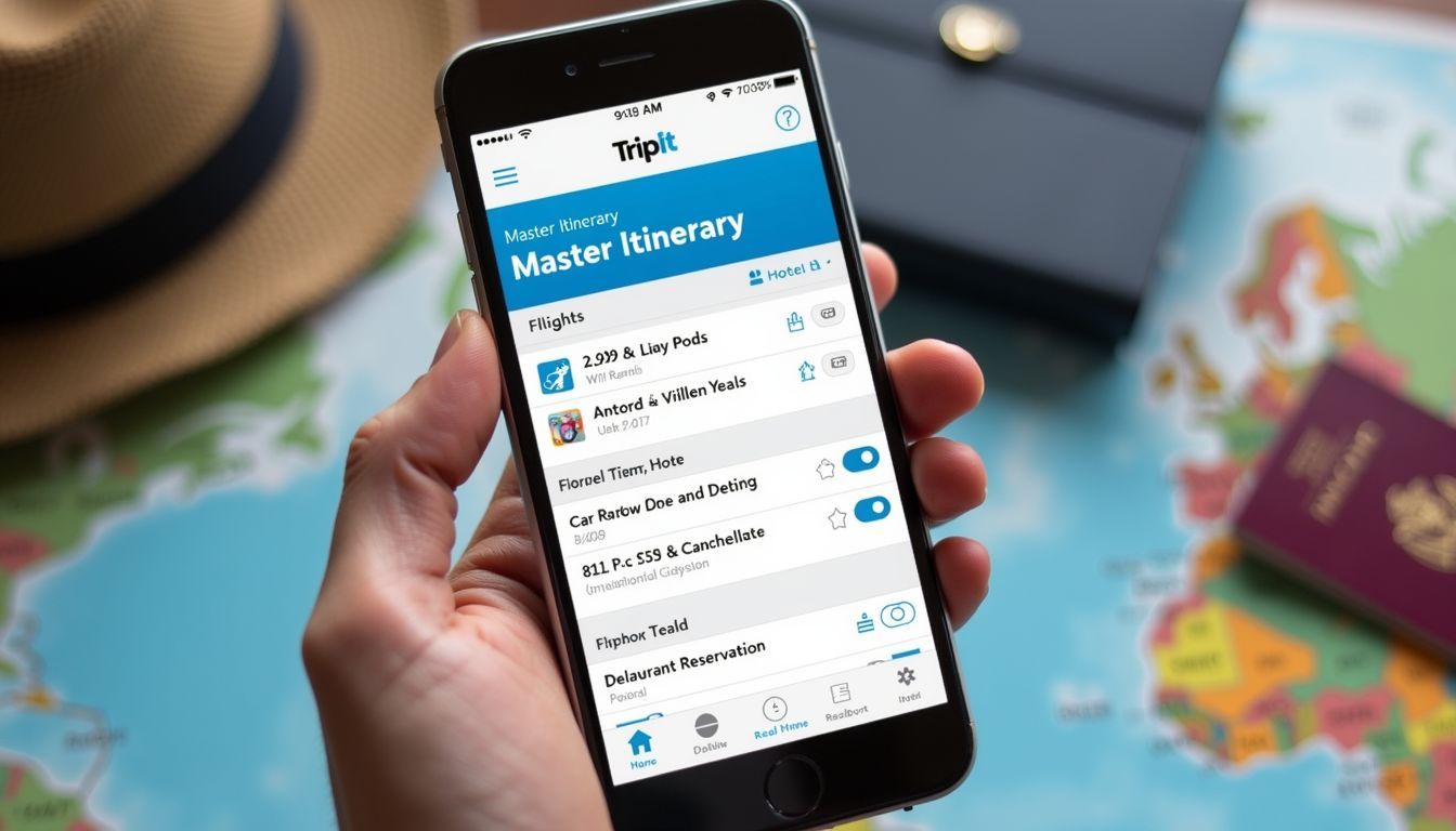 A smartphone displaying a master itinerary from TripIt in a travel setting.