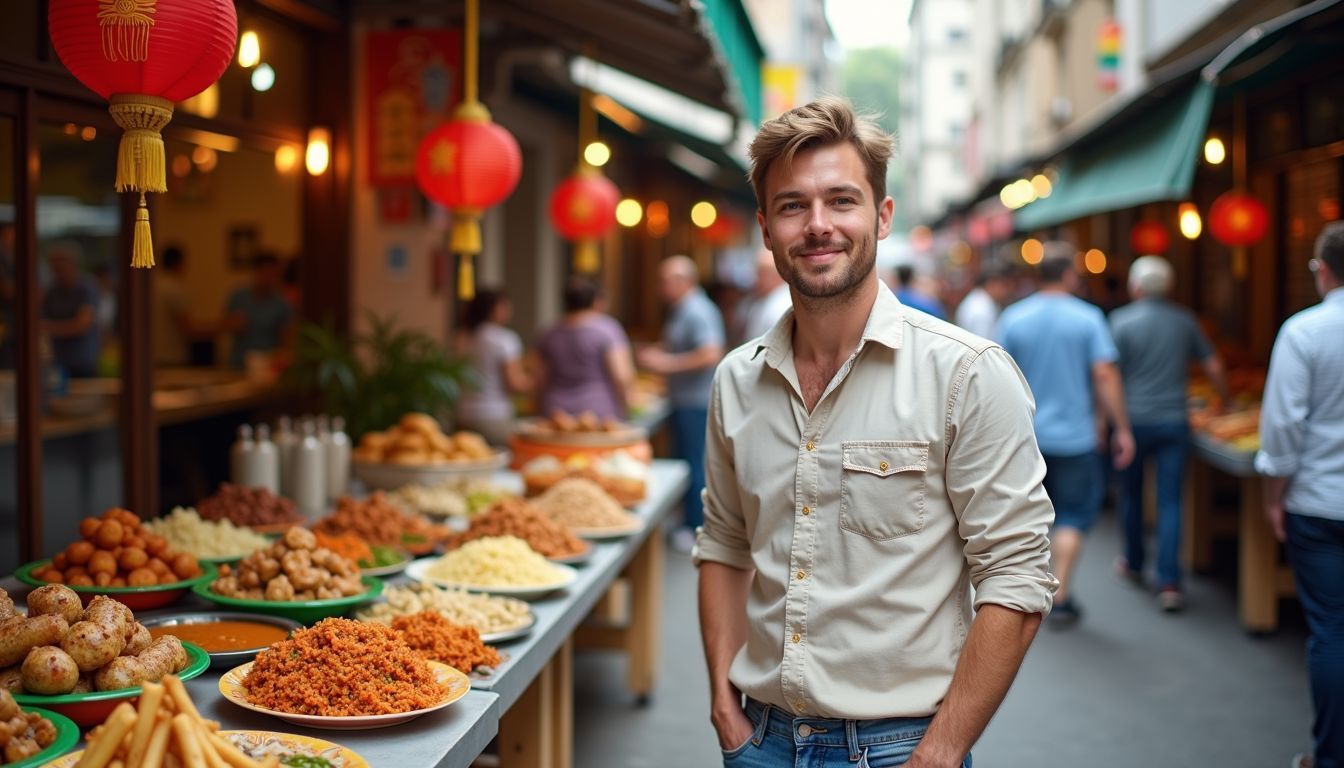 A man stands in a vibrant street market filled with traditional dishes.