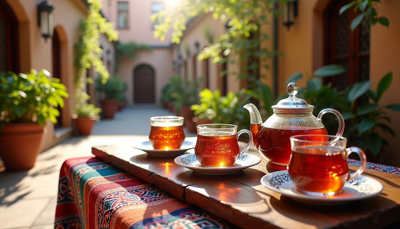 A traditional tea set is arranged on a wooden table outdoors.