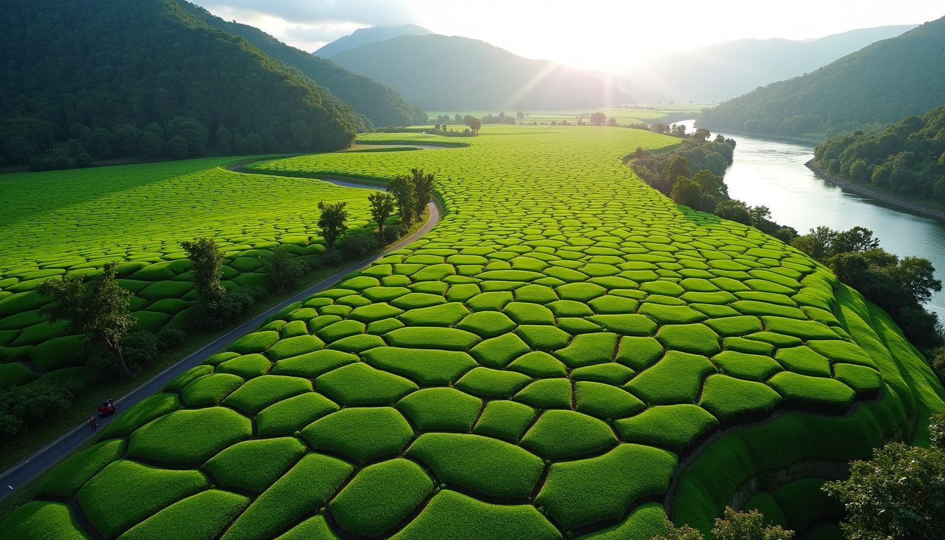 Aerial photo of green tea fields and Uji River in Japan.