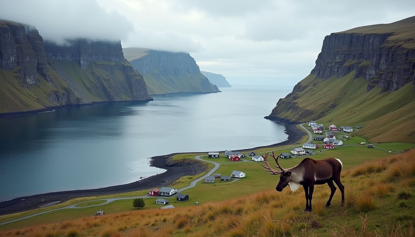 An aerial view of dramatic cliffs, calm waters, fishing villages and reindeer.