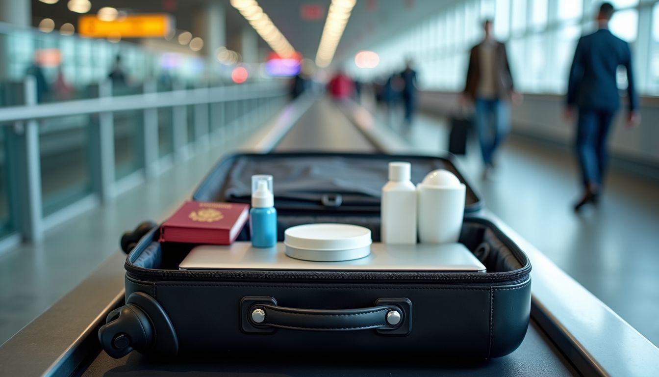 An open suitcase with travel essentials on airport security conveyor belt.