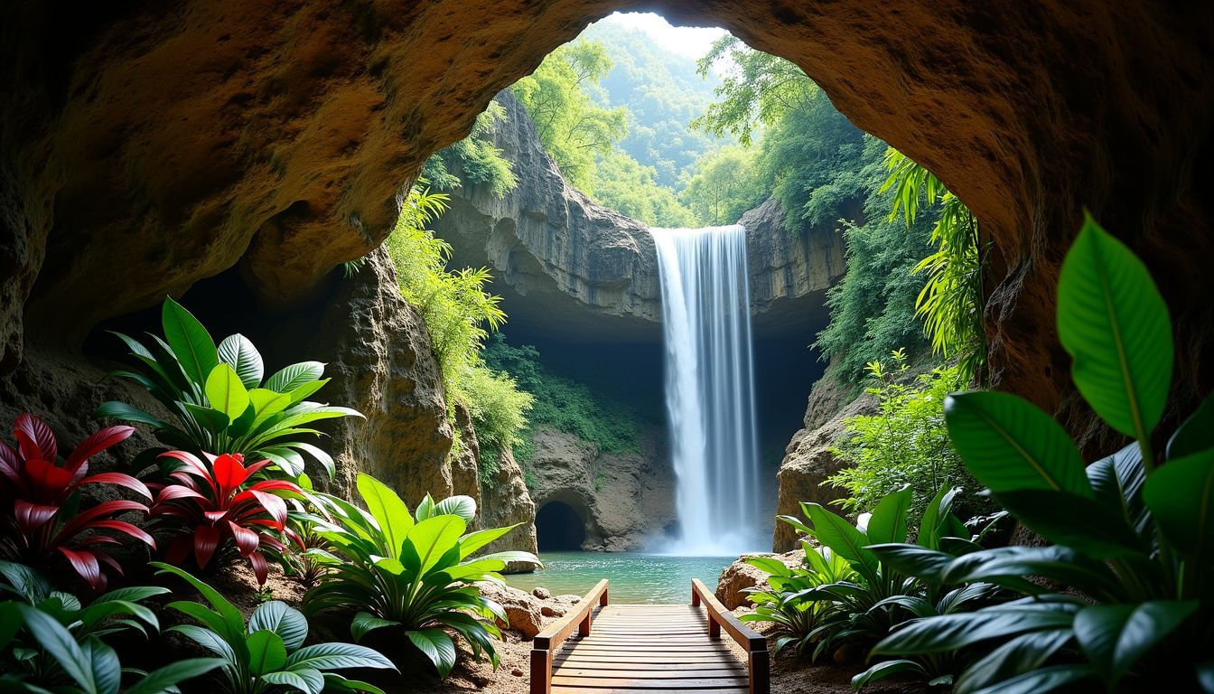 A hidden waterfall cascades through lush green jungle towards a cave.