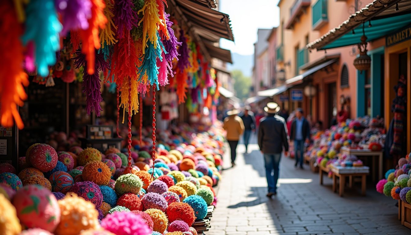 A Mexican street market with piñatas, textiles, and crafts for sale.