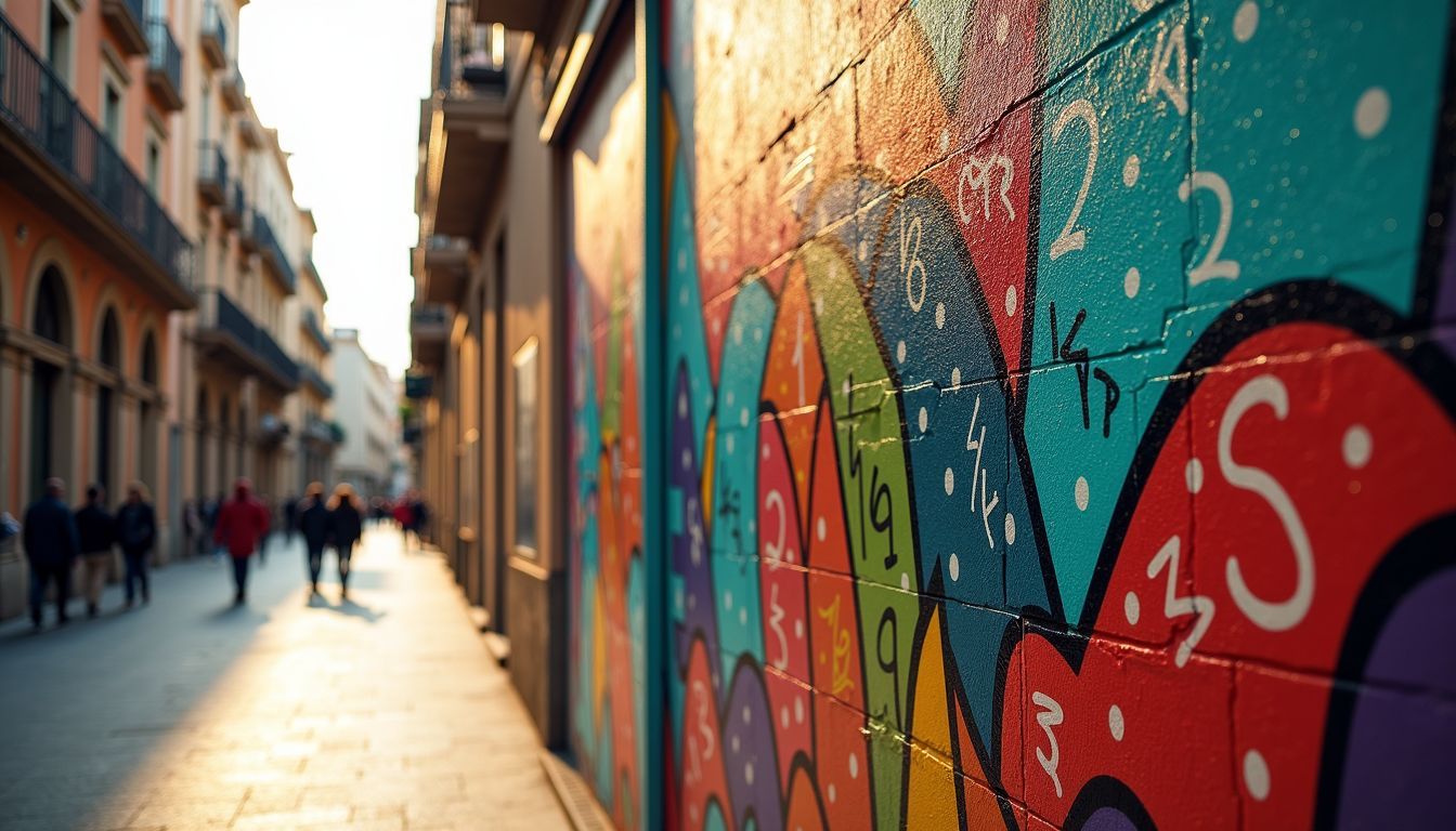 A colourful street mural in Barcelona's lively neighbourhood takes centre stage.