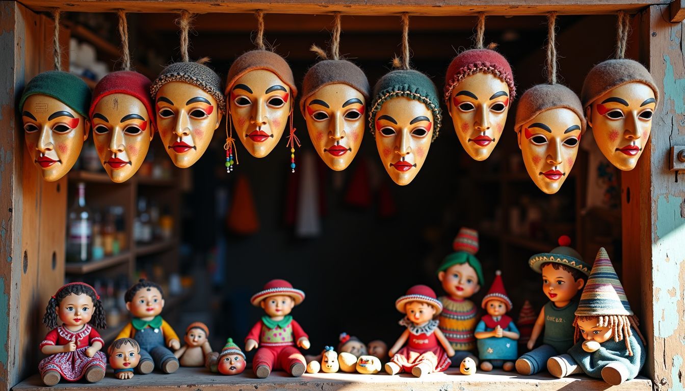 A collection of traditional Mexican masks and crafts displayed in a market stall.