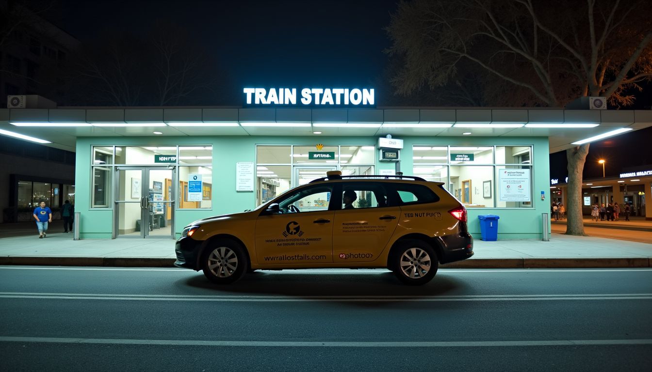 An empty branded taxi parked outside a well-maintained train station.