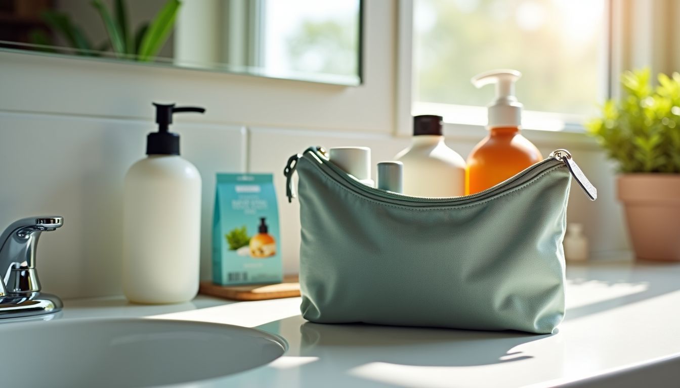 A toiletry bag filled with travel-sized containers on a bathroom countertop.