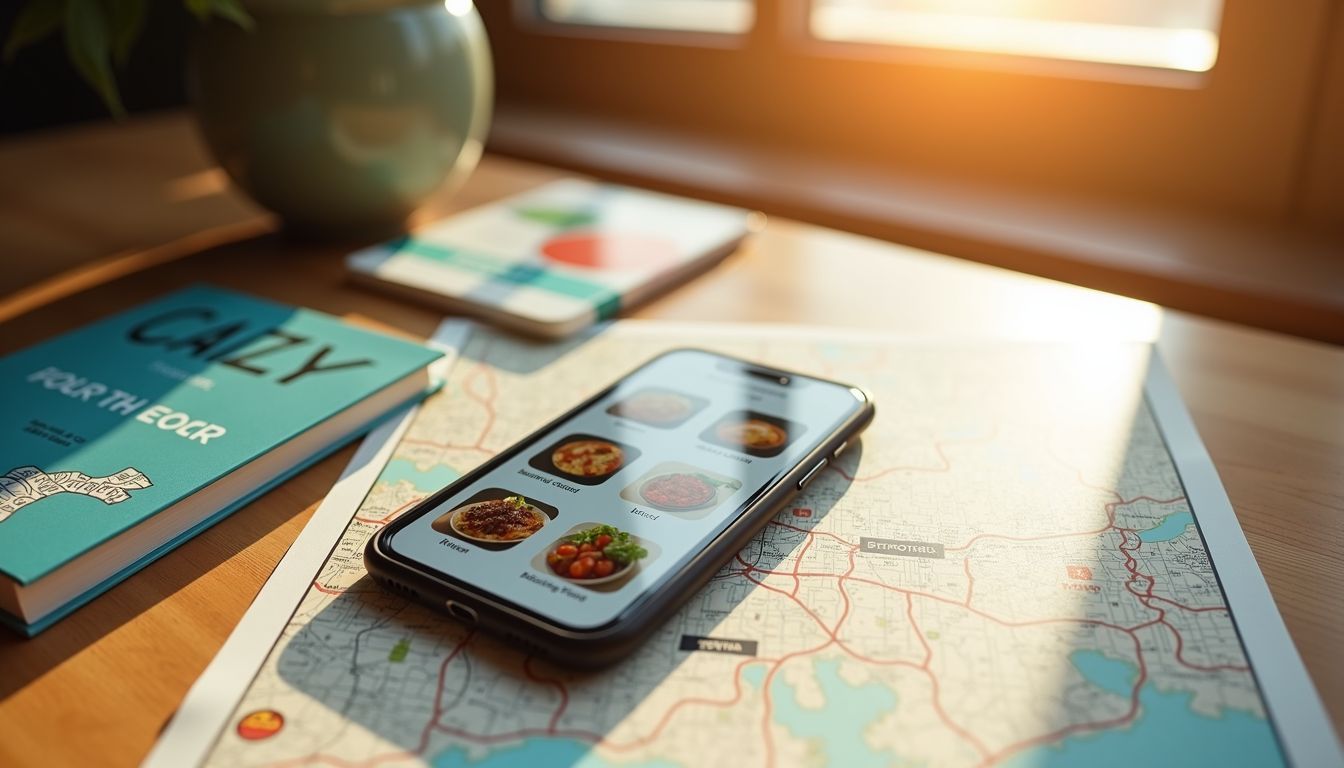 A mobile phone with food apps on a wooden table with travel guides and a map of Tokyo.