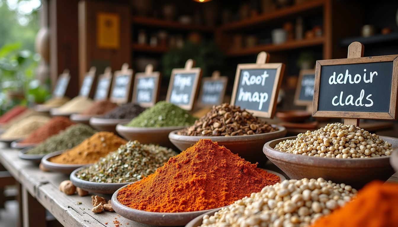 A rustic market stall displaying dried herbs, roots, and spices.