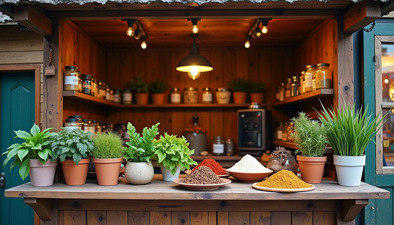 A rustic wooden market stall filled with vibrant herbs, spices, and artifacts.