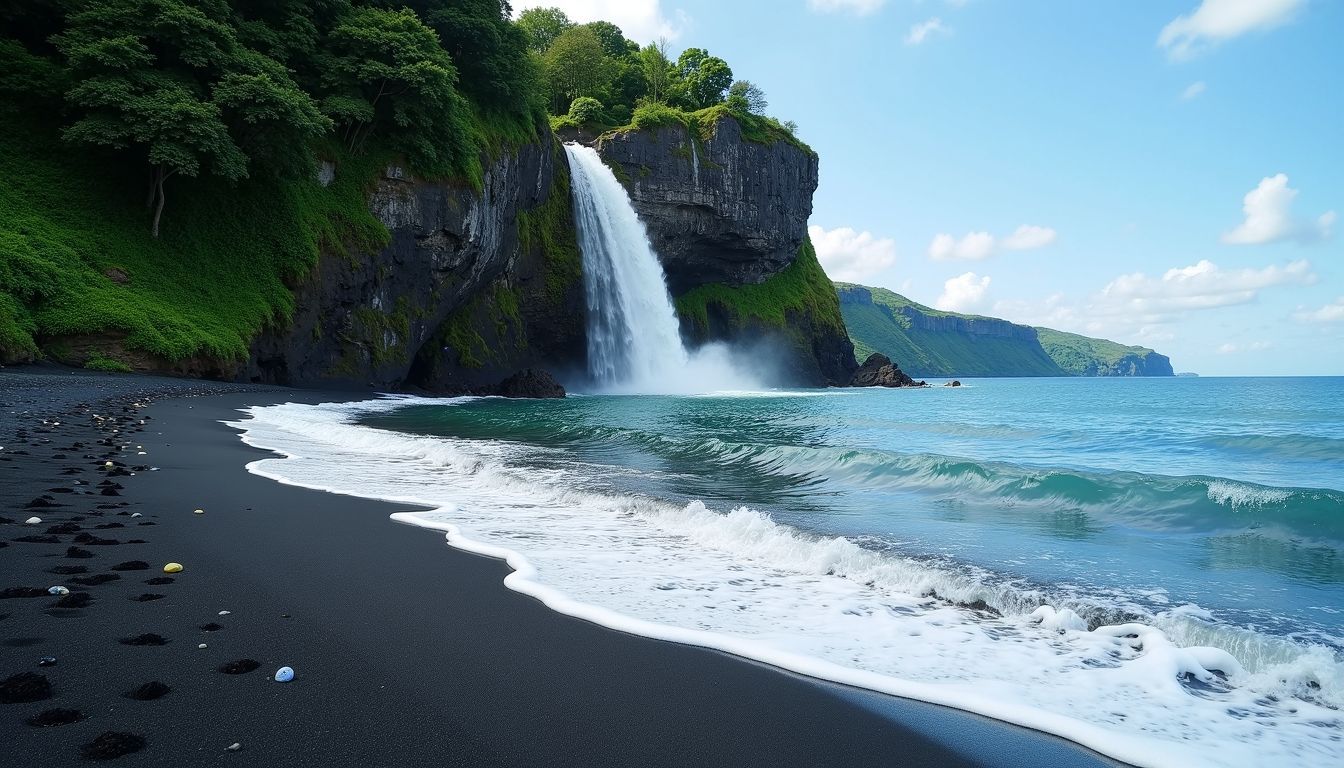 A tranquil black sand beach with a waterfall and lush greenery.