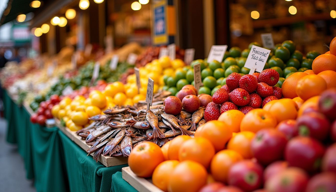 A vibrant scene at La Boqueria Market showcasing fresh produce and food stalls.