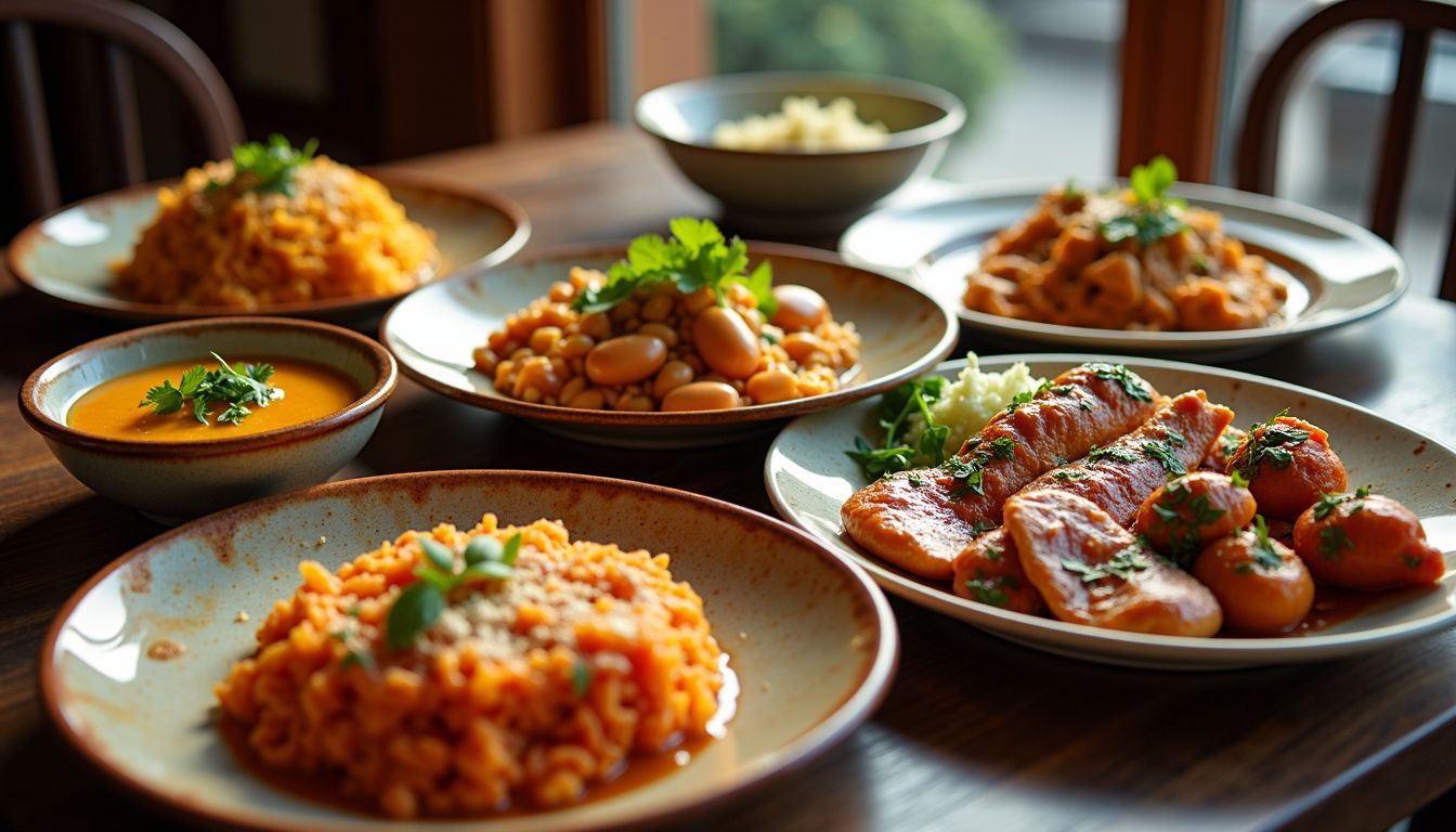 A table filled with traditional dishes from local restaurants in a cozy dining room.