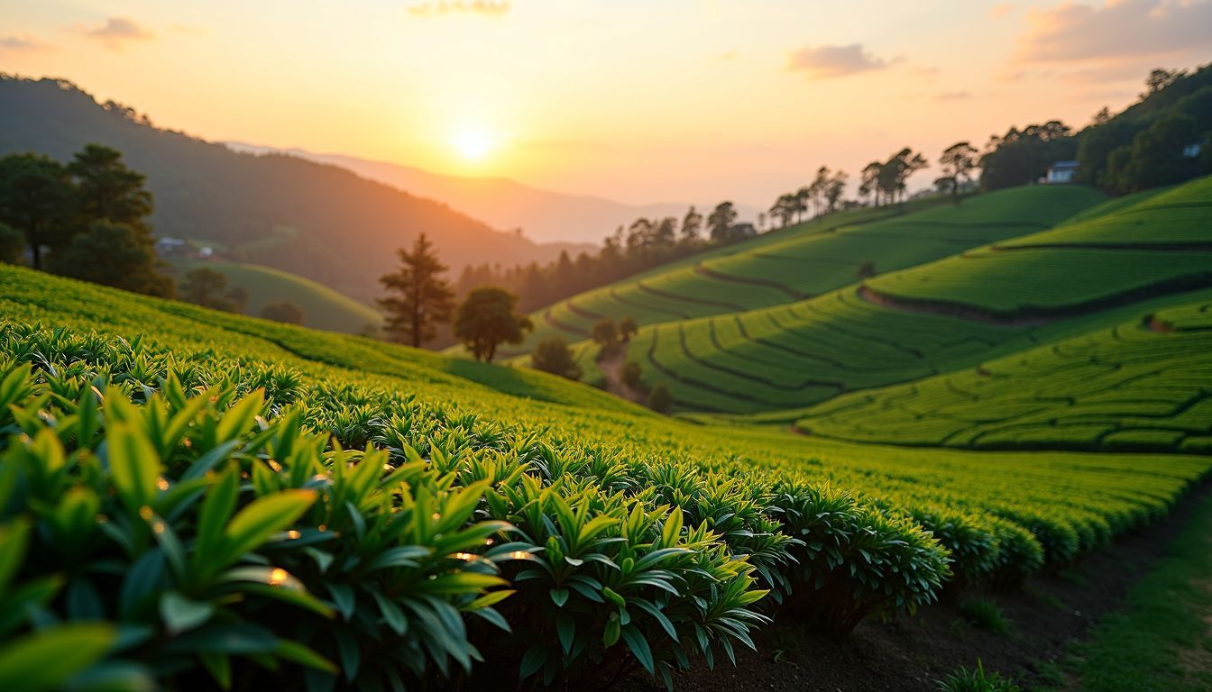 The photo captures the beautiful tea plantations of Wazuka at dusk.