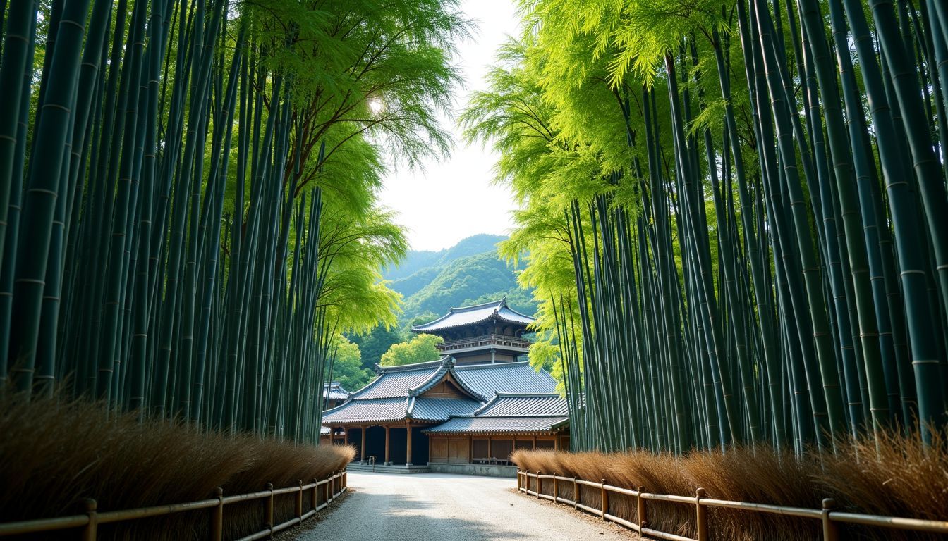 The photo captures the peaceful beauty of bamboo groves in Kyoto.