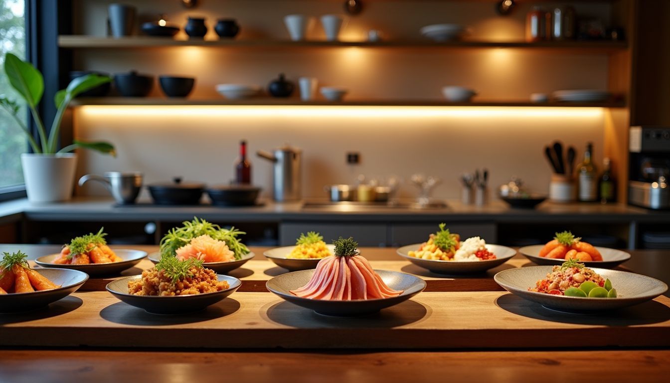 The restaurant counter displays a variety of modern fusion dishes.